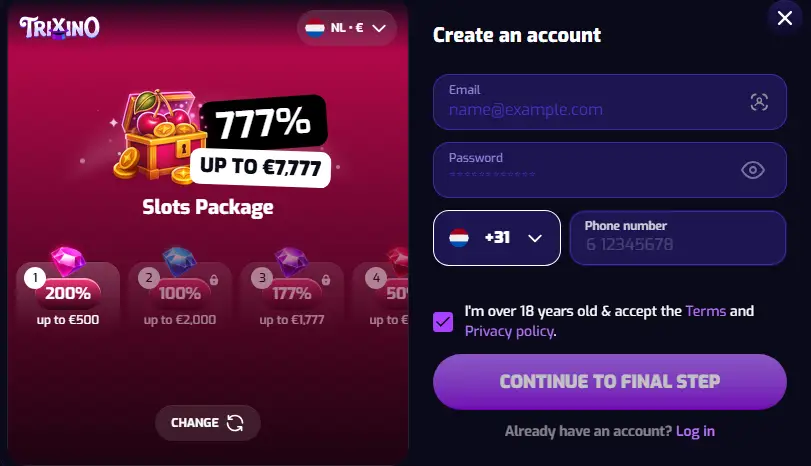 trixino casino registration form